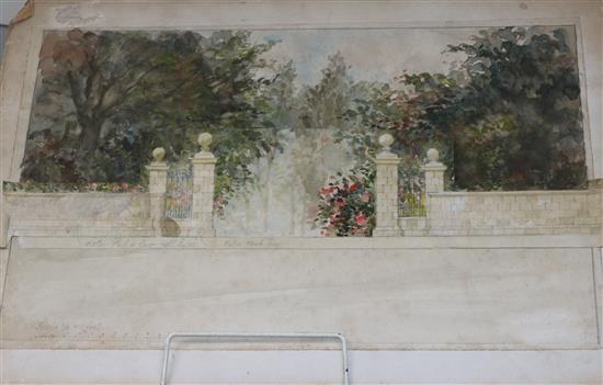 In the manner of Humphry Repton - scale watercolour - Garden and garden wall